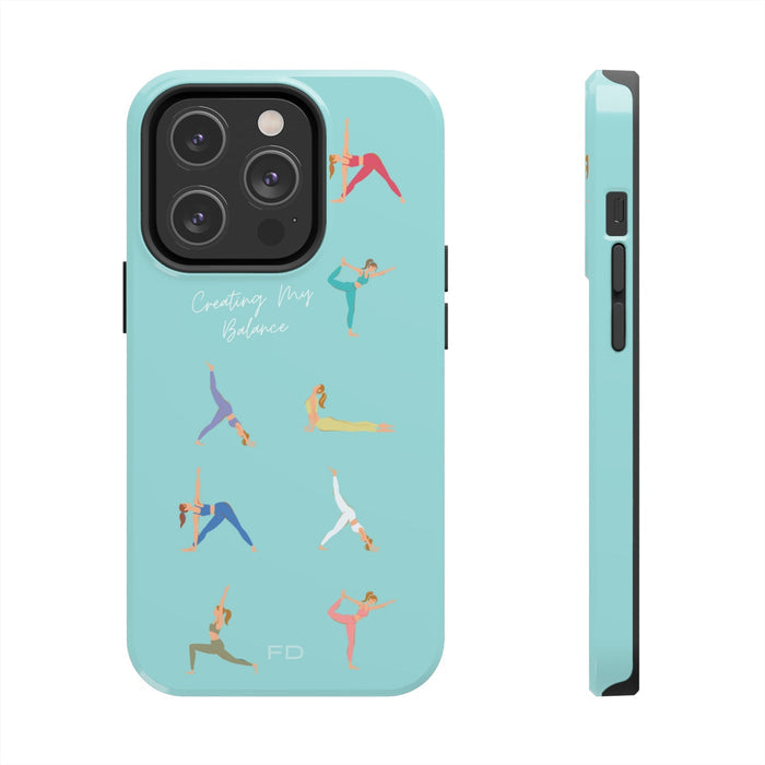 Blue iPhone Tough Case with Wireless Charging for Yoga Enthusiasts: turquoise, black yoga theme, minimal cartoon illustration