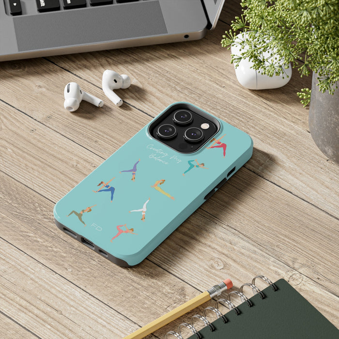 Blue iPhone Tough Case with Wireless Charging for Yoga Enthusiasts: turquoise, black yoga theme, minimal cartoon illustration