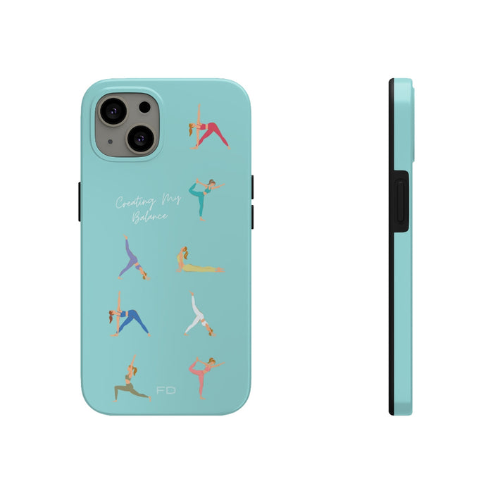 Blue iPhone Tough Case with Wireless Charging for Yoga Enthusiasts: turquoise, black yoga theme, minimal cartoon illustration