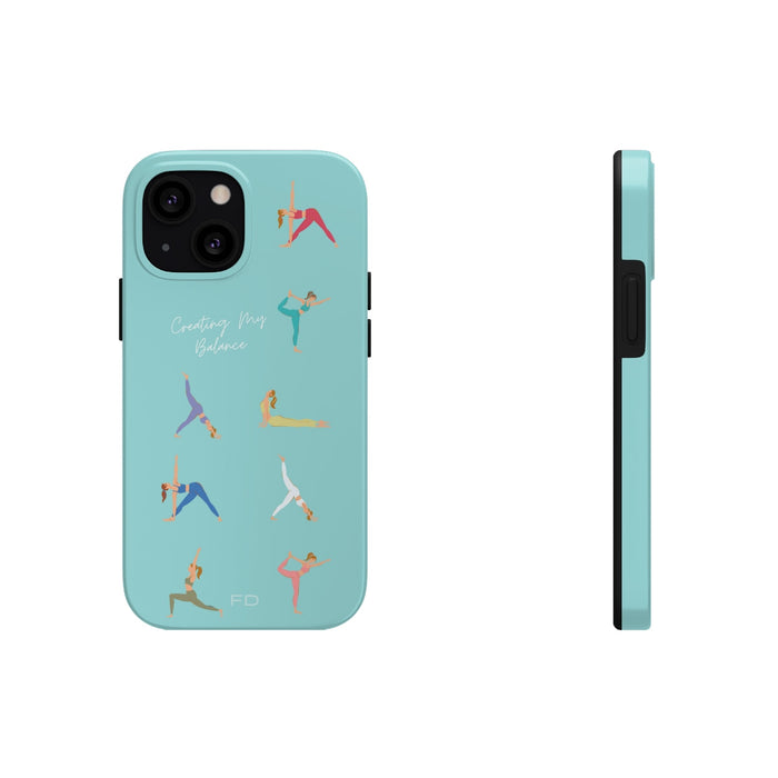 Blue iPhone Tough Case with Wireless Charging for Yoga Enthusiasts: turquoise, black yoga theme, minimal cartoon illustration