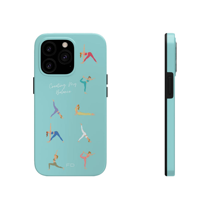 Blue iPhone Tough Case with Wireless Charging for Yoga Enthusiasts: turquoise, black yoga theme, minimal cartoon illustration