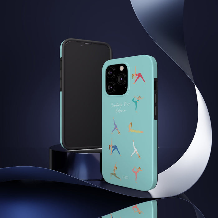 Blue iPhone Tough Case with Wireless Charging for Yoga Enthusiasts: turquoise, black yoga theme, minimal cartoon illustration