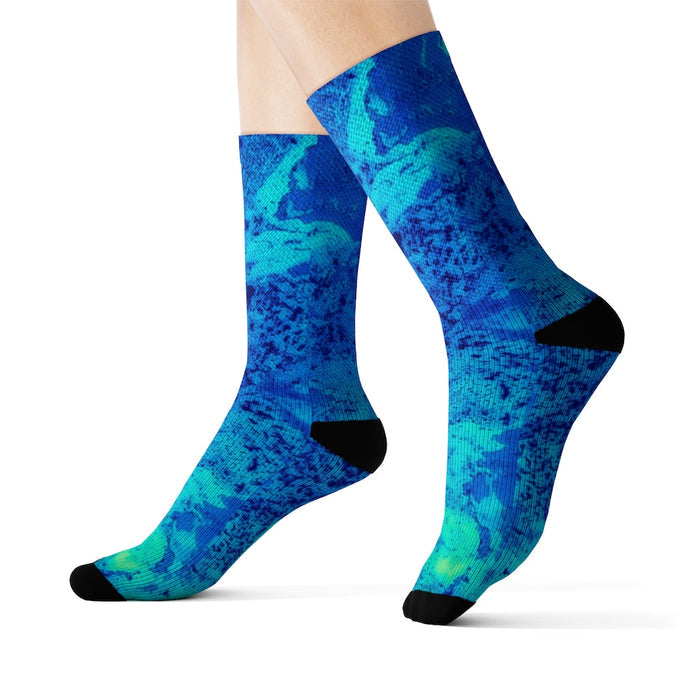 Blue Luminous Quirky Socks: blue, turquoise pair of crew socks, colorful abstract style