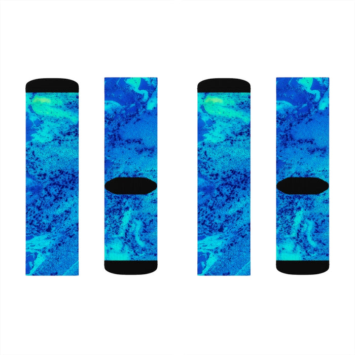 Blue Luminous Quirky Socks: blue, turquoise pair of crew socks, colorful abstract style