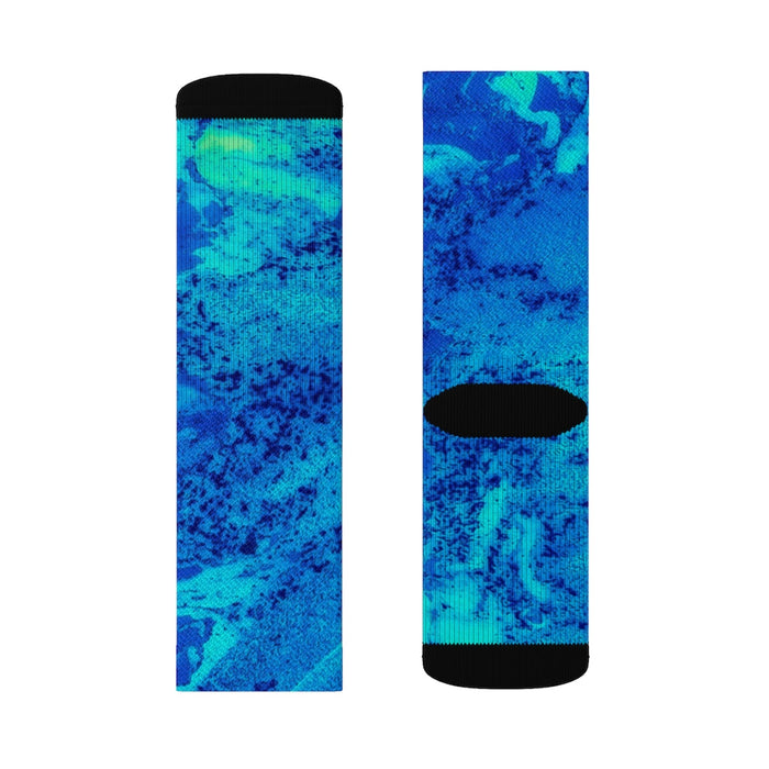 Blue Luminous Quirky Socks: blue, turquoise pair of crew socks, colorful abstract style