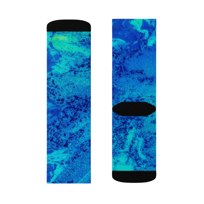 Blue Luminous Quirky Socks: blue, turquoise pair of crew socks, colorful abstract style