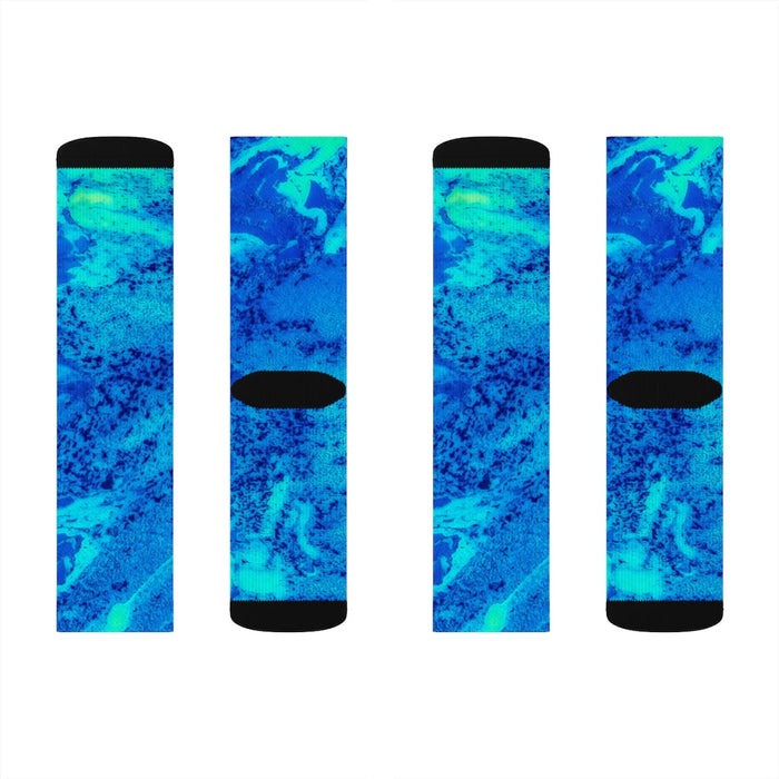 Blue Luminous Quirky Socks: blue, turquoise pair of crew socks, colorful abstract style