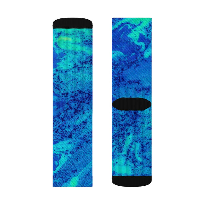Blue Luminous Quirky Socks: blue, turquoise pair of crew socks, colorful abstract style