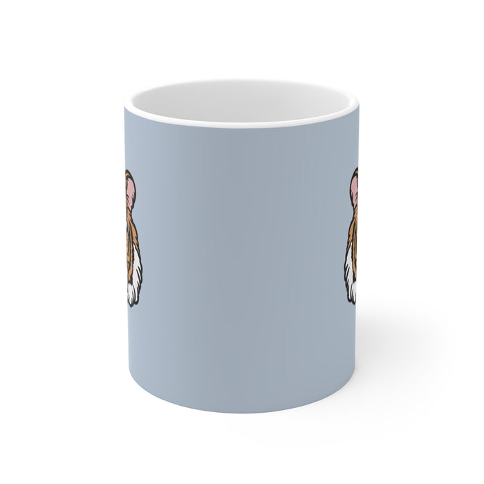 Blue Mug with Tiger Logo: light blue-gray, white tiger, cartoon style