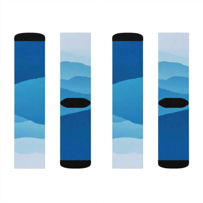 Blue Ridge Mountains Playful Quirky Socks: blue, light blue pair of crew socks, minimal sporty style