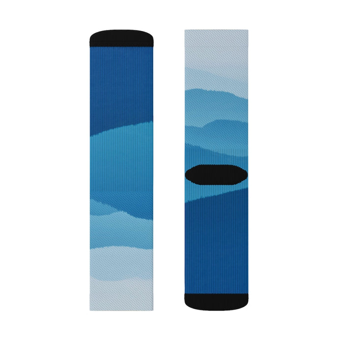 Blue Ridge Mountains Playful Quirky Socks: blue, light blue pair of crew socks, minimal sporty style