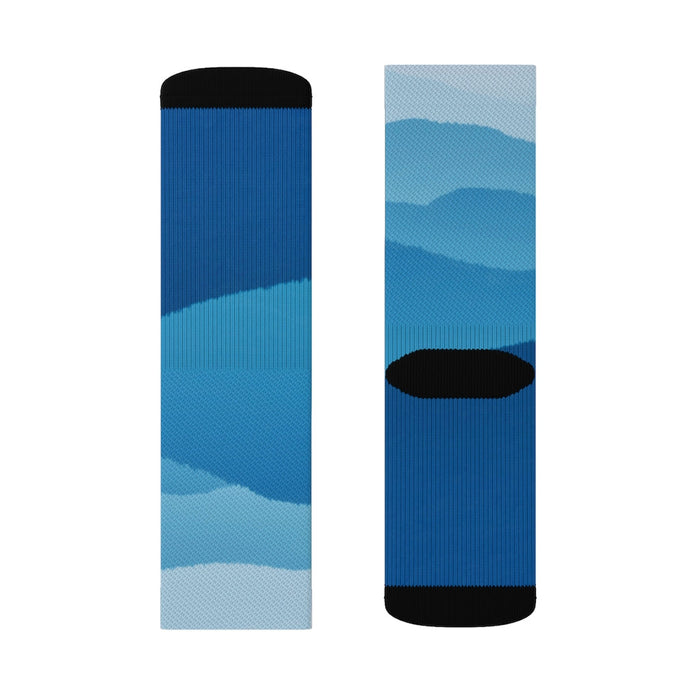Blue Ridge Mountains Playful Quirky Socks: blue, light blue pair of crew socks, minimal sporty style