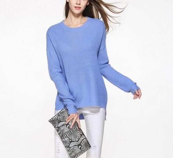 Blue Round Neck Sweater for Women with a Comfortable Fit: light blue long-sleeve sweater, minimal casual style