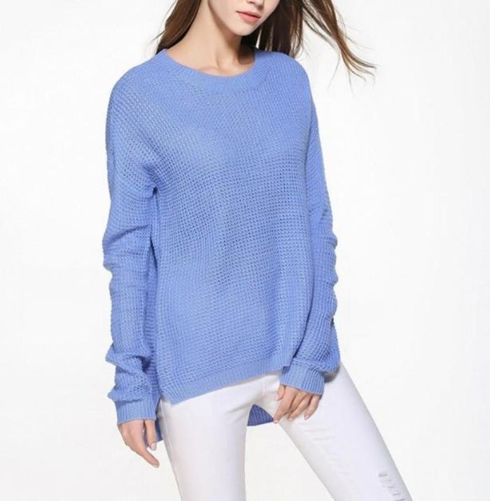 Blue Round Neck Sweater for Women with a Comfortable Fit: light blue long-sleeve sweater, minimal casual style