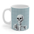 Blue Skeleton Mug, for sipping: white, light blue skeleton character, cartoon style