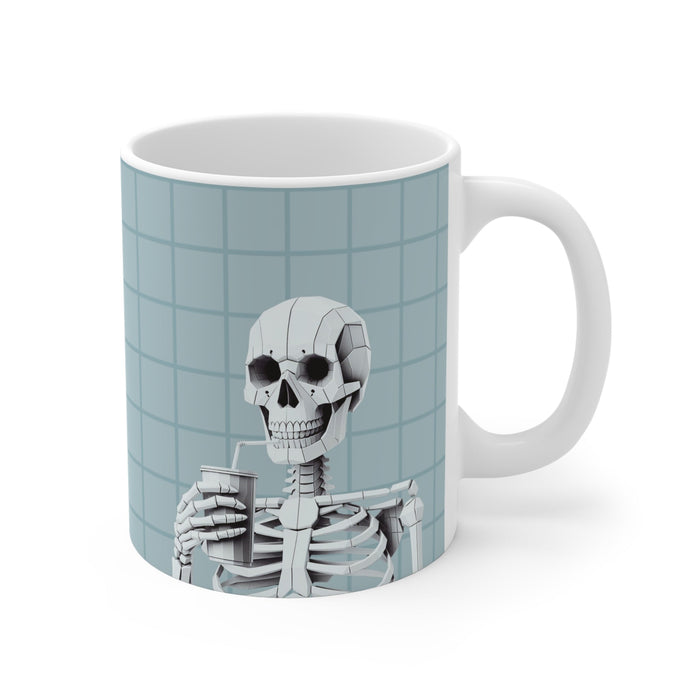 Blue Skeleton Mug, for sipping: white, light blue skeleton character, cartoon style