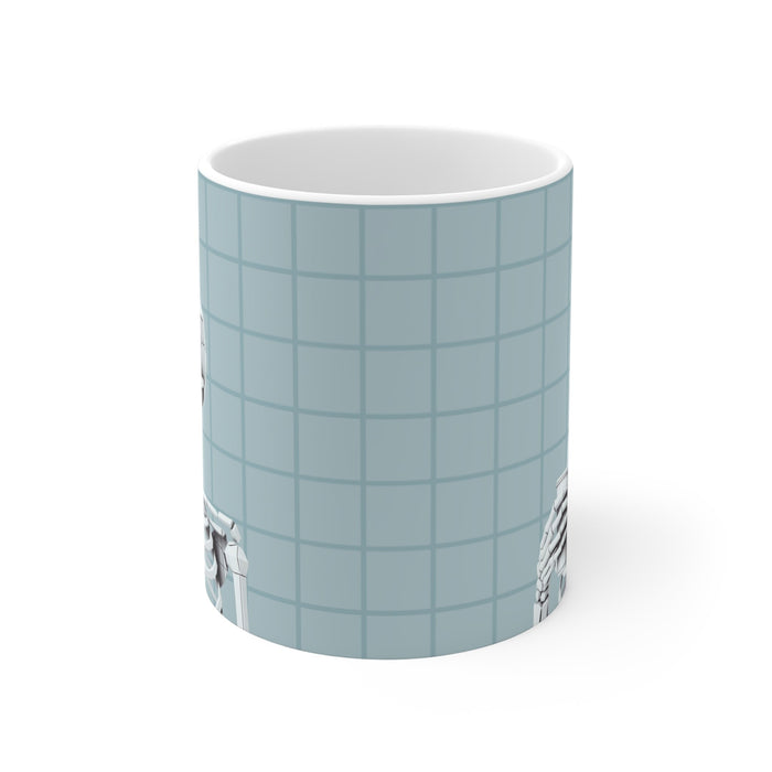 Blue Skeleton Mug, for sipping: white, light blue skeleton character, cartoon style