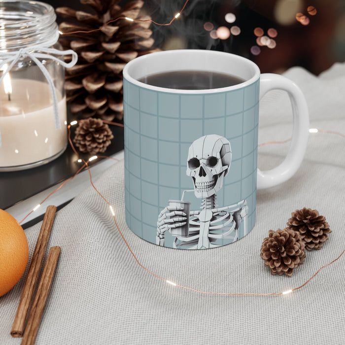 Blue Skeleton Mug, for sipping: white, light blue skeleton character, cartoon style