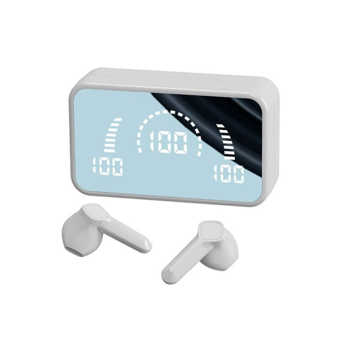 Bluetooth 5.3 Wireless Earbuds with Dragon-inspired Design: white, light blue wireless earbuds with charging/display case, mi