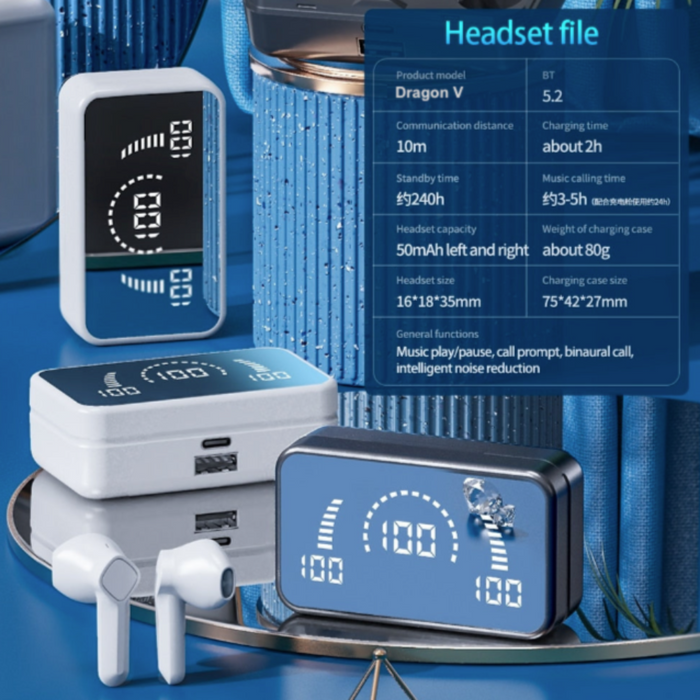 Bluetooth 5.3 Wireless Earbuds with Dragon-inspired Design: white, light blue wireless earbuds with charging/display case, mi