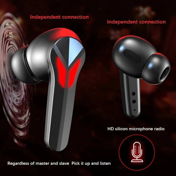 Bluetooth Earbuds with Fiery Red Dragon Design: black, red wireless earbuds with charging case, futuristic gaming-inspired st
