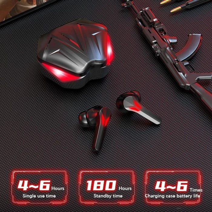 Bluetooth Earbuds with Fiery Red Dragon Design: black, red wireless earbuds with charging case, futuristic gaming-inspired st