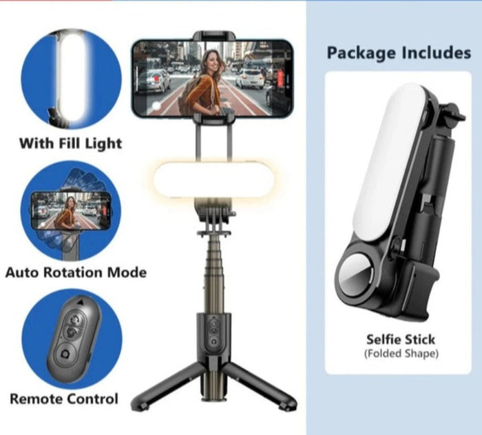 Bluetooth Selfie Stick with Portable Gimbal and Selfie Light: black, white selfie stick tripod with fill light and remote con