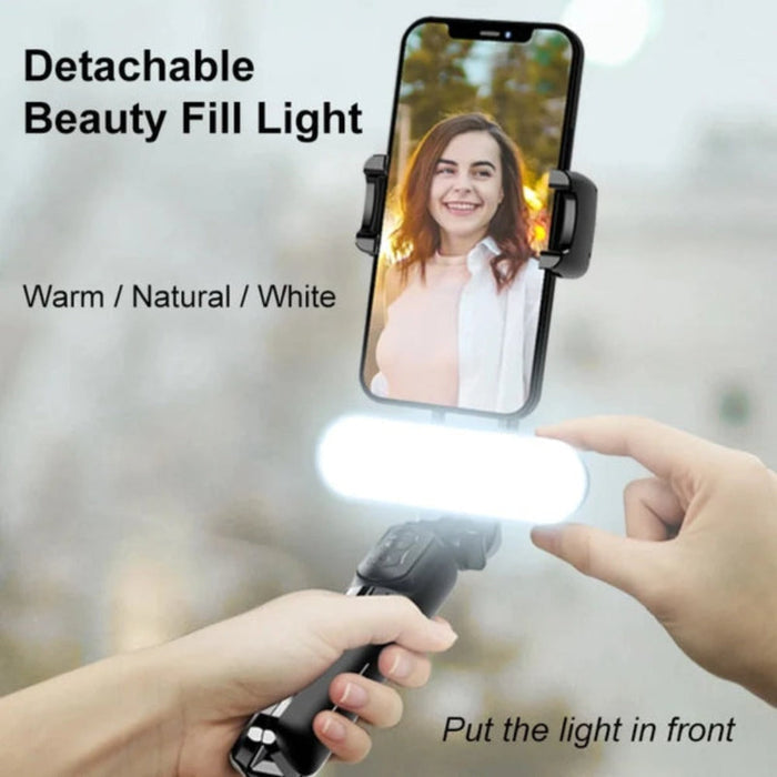 Bluetooth Selfie Stick with Portable Gimbal and Selfie Light: black, white selfie stick tripod with fill light and remote con