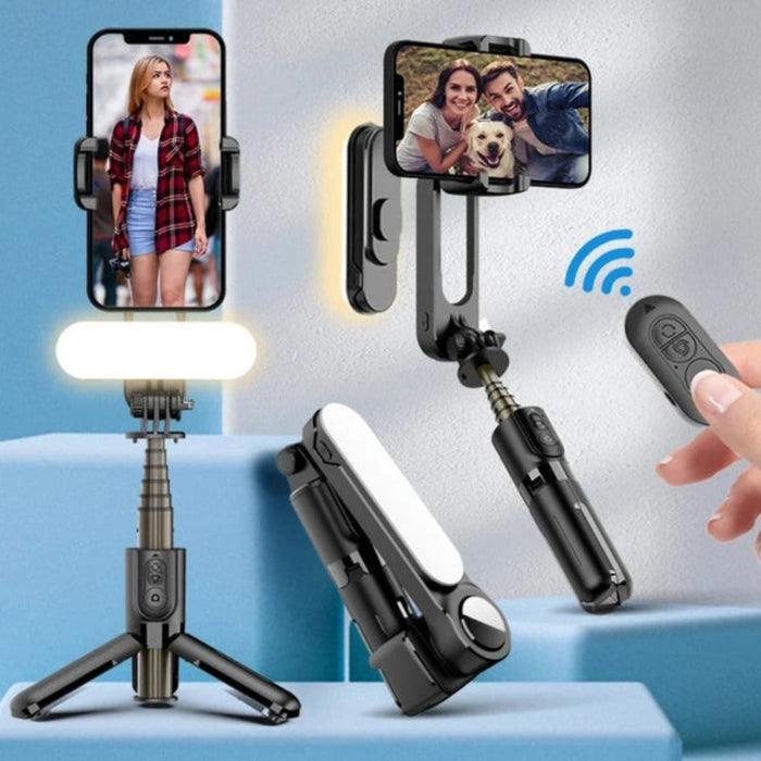 Bluetooth Selfie Stick with Portable Gimbal and Selfie Light: black, white selfie stick tripod with fill light and remote con