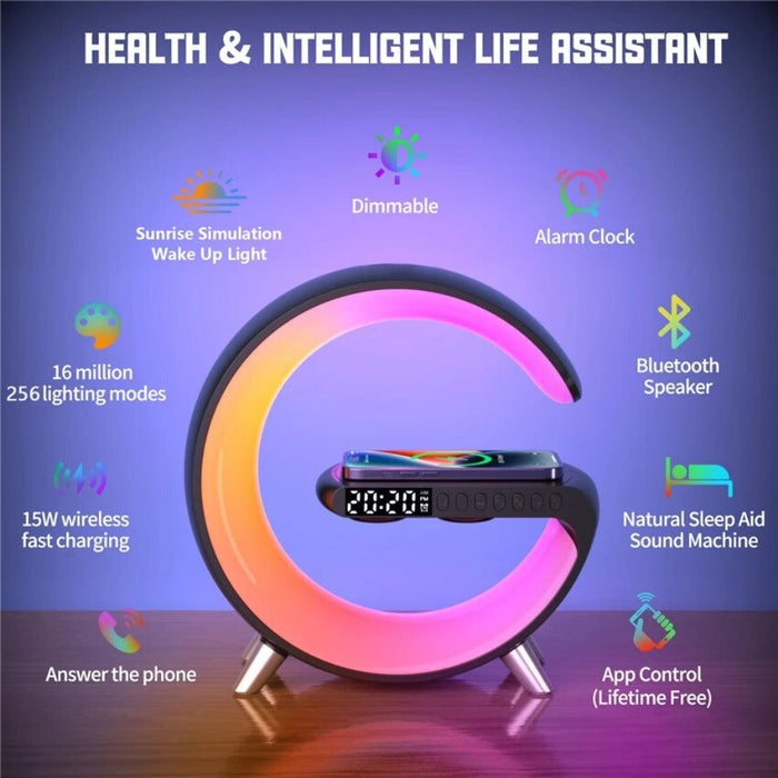 Bluetooth Speaker Alarm Clock with Wireless Charging and RGB Lights: black, pink LED desk lamp with digital clock and speaker