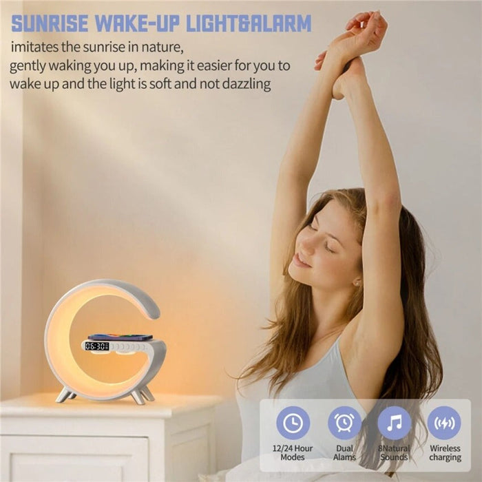 Bluetooth Speaker Alarm Clock with Wireless Charging and RGB Lights: black, pink LED desk lamp with digital clock and speaker