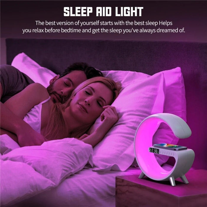 Bluetooth Speaker Alarm Clock with Wireless Charging and RGB Lights: black, pink LED desk lamp with digital clock and speaker