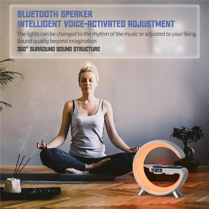 Bluetooth Speaker Alarm Clock with Wireless Charging and RGB Lights: black, pink LED desk lamp with digital clock and speaker