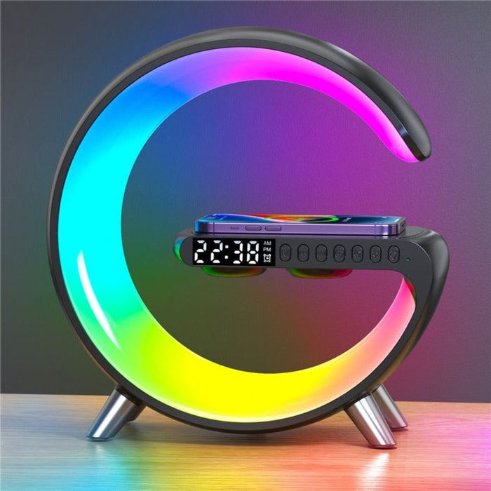 Bluetooth Speaker Alarm Clock with Wireless Charging and RGB Lights: black, pink LED desk lamp with digital clock and speaker