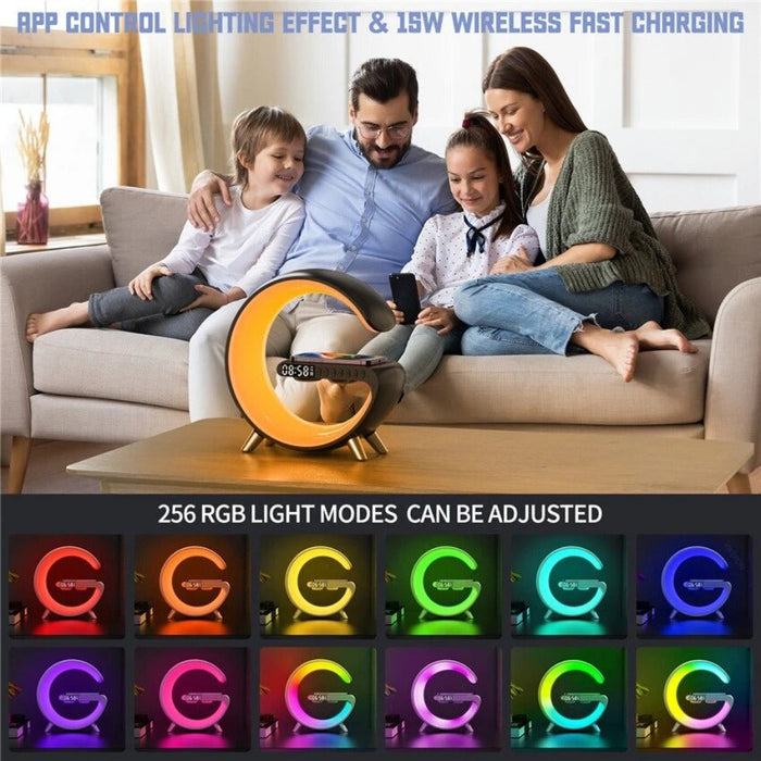 Bluetooth Speaker Alarm Clock with Wireless Charging and RGB Lights: black, pink LED desk lamp with digital clock and speaker