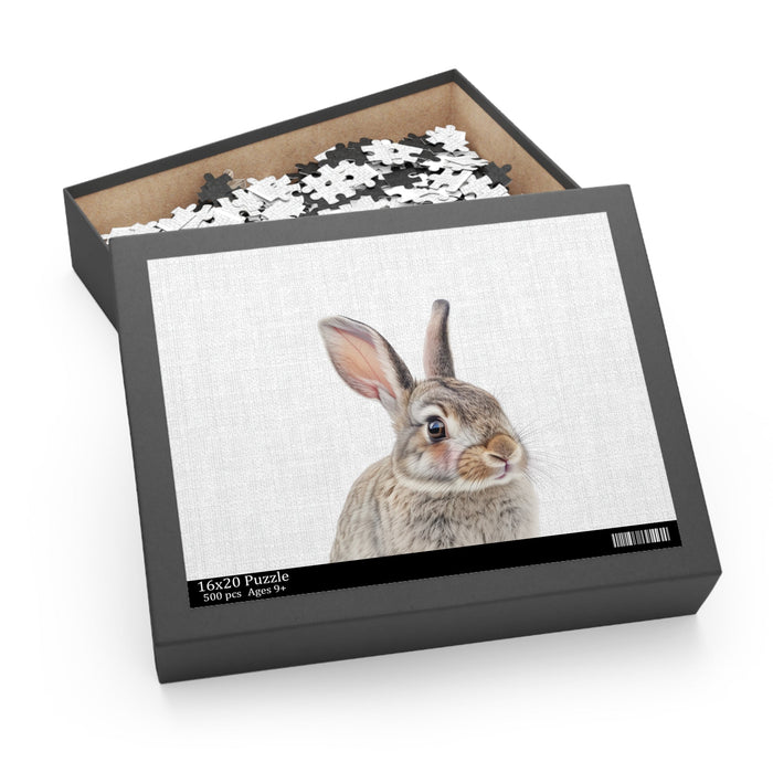 Blush Bunny Puzzle, 500 Pieces: light gray, white rabbit, realistic wildlife illustration style