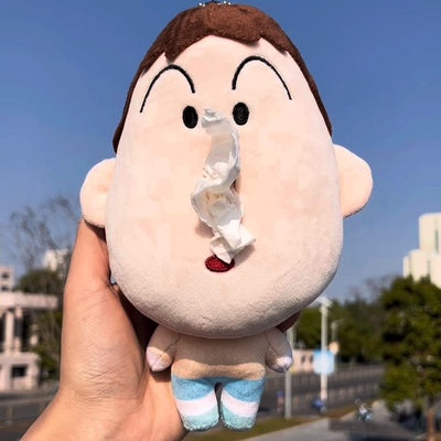 Bo Suzuki Plush Toy Keychain Tissue Holder: cream, brown cartoon human-like character, kawaii cartoon style