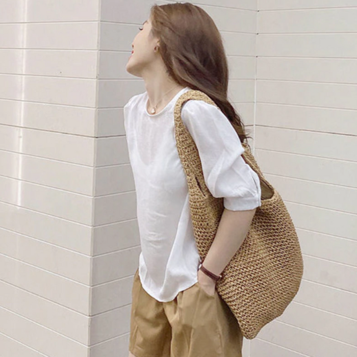 Boho Beach Shoulder Tote, Embrace the Carefree Vibes of Summer: natural tan, beige shoulder tote bag, minimal casual handmade