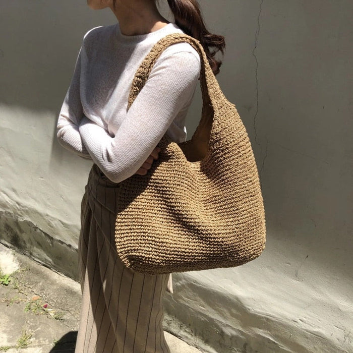 Boho Beach Shoulder Tote, Embrace the Carefree Vibes of Summer: natural tan, beige shoulder tote bag, minimal casual handmade