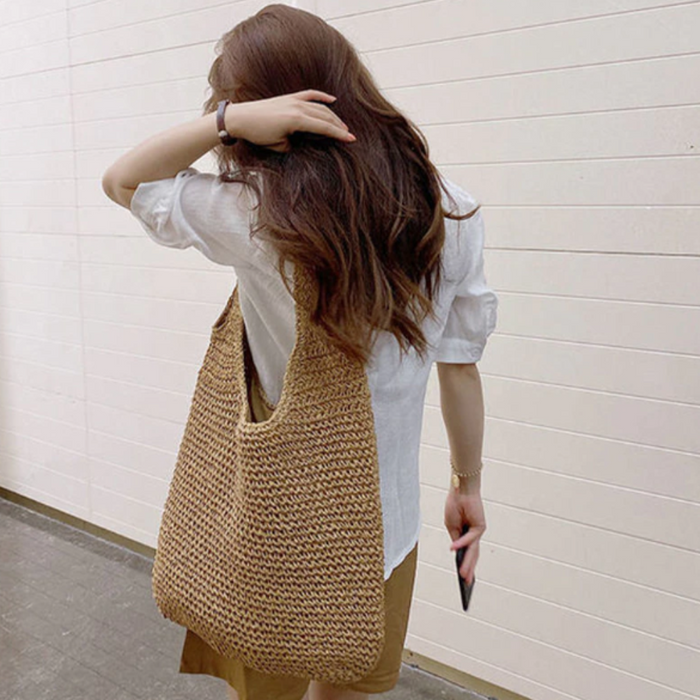Boho Beach Shoulder Tote, Embrace the Carefree Vibes of Summer: natural tan, beige shoulder tote bag, minimal casual handmade