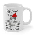 Books and Feline Friends Mug: white, black cat, cartoon style
