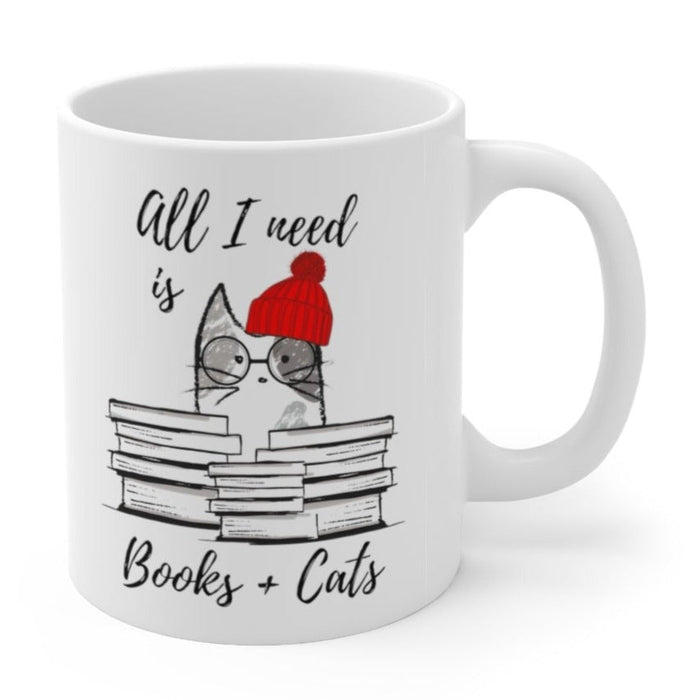 Books and Feline Friends Mug: white, black cat, cartoon style