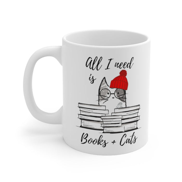 Books and Feline Friends Mug: white, black cat, cartoon style