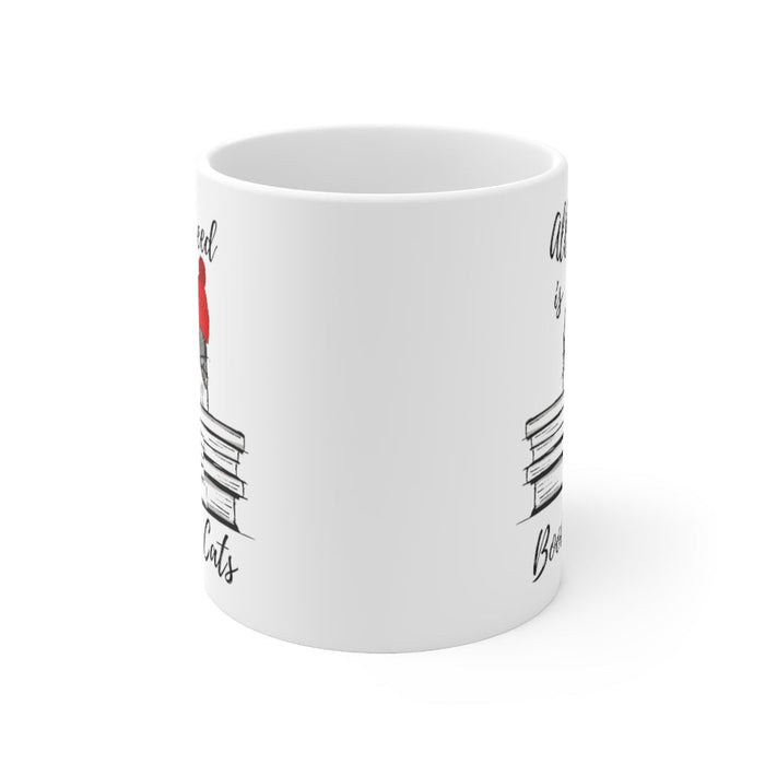 Books and Feline Friends Mug: white, black cat, cartoon style