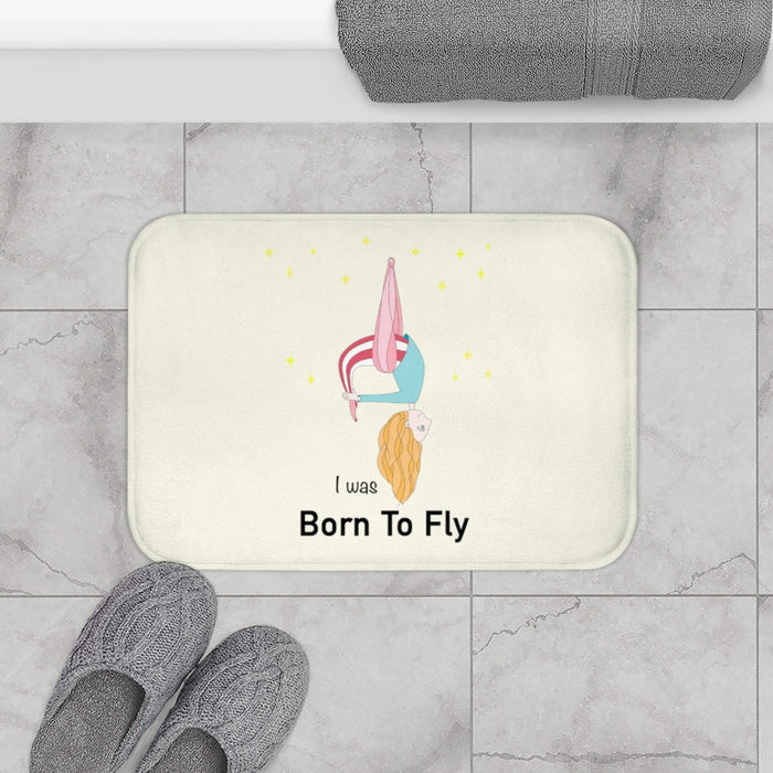 Born to Soar Bath Mat for Aerial Yoga Lovers: off-white, pink cartoon unicorn, cartoon kawaii style