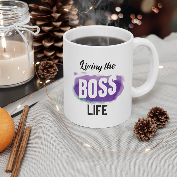 Boss Life Mug: Embrace Your Inner Leader with Style: white, purple mug, typographic graphic style