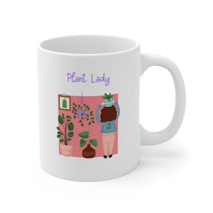 Botanical Enthusiast Ceramic Coffee Cup: white, pink plant lady / potted plants, cartoon, kawaii style