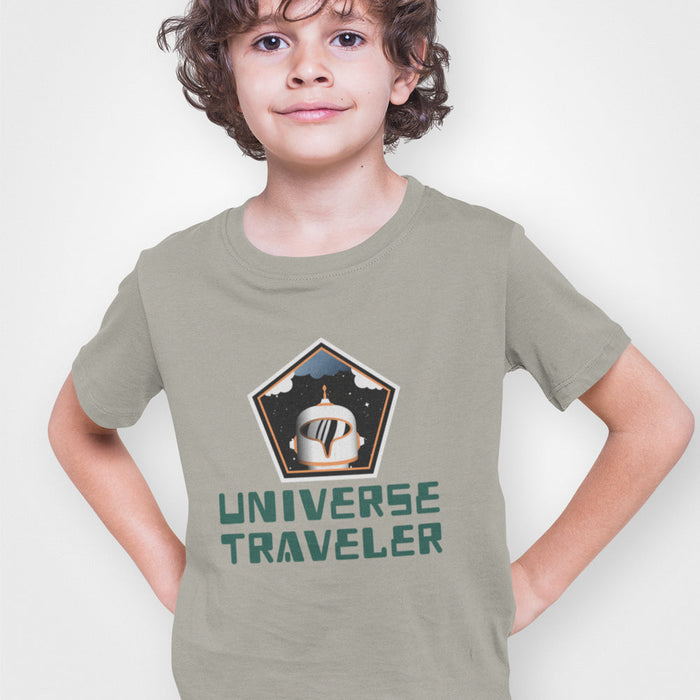 Boys' Galactic Adventure Tee: muted olive green, dark teal helmeted space traveler/astronaut theme, cartoon sci-fi graphic st