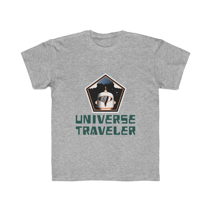 Boys' Galactic Adventure Tee: muted olive green, dark teal helmeted space traveler/astronaut theme, cartoon sci-fi graphic st
