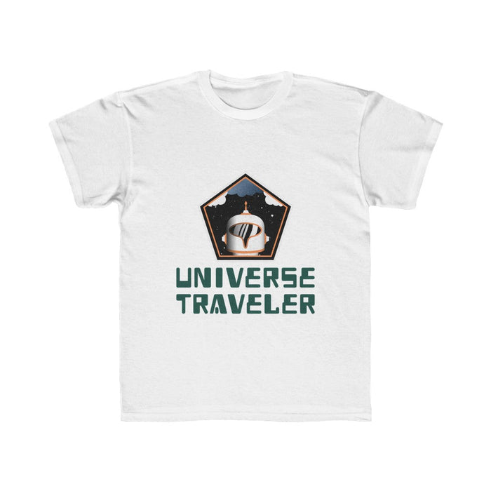 Boys' Galactic Adventure Tee: muted olive green, dark teal helmeted space traveler/astronaut theme, cartoon sci-fi graphic st